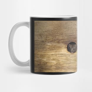 George the mouse in a log pile house - peep hole . Mug